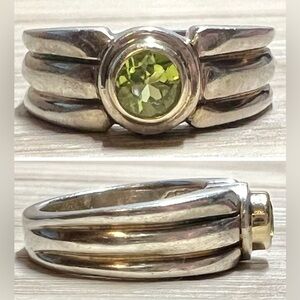Vintage Designer Rigoberto Sterling Silver & 14K Gold Bezel Peridot Ring, Size 6